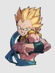  1boy blonde_hair blue_sash dragon_ball dragon_ball_z gotenks green_eyes grey_background kemachiku male_focus metamoran_vest sash simple_background solo spiked_hair super_saiyan super_saiyan_1 teeth upper_body 