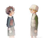  2boys artist_name belt blonde_hair brown_hair clenched_hands digimon digimon_adventure_02 gloves goggles goggles_on_head hat highres jacket kim_gyuri long_sleeves looking_at_another male_focus motomiya_daisuke multiple_boys open_mouth takaishi_takeru white_background 