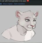  albino anonymous_artist anthro cougar felid feline fur homophobia kubrick_stare male mammal samson_(derpoomer) scar smile solo text white_body white_fur 