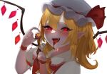  1girl :d blonde_hair blush chocolate crystal eyeball fangs flandre_scarlet glowing glowing_eyes hair_between_eyes hat highres holding_eyeball looking_at_viewer medium_hair mob_cap nail_polish pointy_ears red_eyes red_nails saliva simple_background smile solo tongue tongue_out touhou upper_body user_uztw4784 vampire white_background wings 