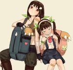  2girls abs absurdres age_difference aged_up backpack bag bakemonogatari bandaged_arm bandages bandaid bandaid_on_knee bandaid_on_leg bandaid_on_shoulder bare_shoulders belt between_legs black_gloves black_hair black_pants blouse blue_skirt boots breasts brown_footwear brown_sports_bra cargo_pants chinese_commentary cleavage closed_eyes closed_mouth collarbone commentary dual_persona feet_out_of_frame fingerless_gloves gloves green_belt green_bracelet green_pants green_ribbon hachikuji_mayoi hair_ornament hair_ribbon hairband hairclip hand_between_legs head_tilt height_difference highres kabukimonogatari knee_boots knees_together_feet_apart leaning_on_person leaning_to_the_side light_blush long_hair looking_at_another looking_to_the_side medium_breasts midriff monogatari_(series) multiple_girls pants parted_lips pleated_skirt ponytail red_eyes ribbon school_uniform shirt short_sleeves side-by-side simple_background sitting skirt sleeping snail_hair_ornament solipsist sports_bra spread_legs stuffed_toy suspender_skirt suspenders twintails two-tone_pants white_background white_hairband white_shirt 