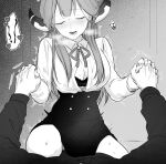  1boy 1girl aru_(blue_archive) blue_archive blush bra breasts cleavage closed_eyes collared_shirt demon_horns furrowed_brow greyscale hair_between_eyes high-waist_skirt highres holding_hands horns implied_sex inotukuhito interlocked_fingers lace-trimmed_bra lace_trim long_hair long_sleeves monochrome neck_ribbon open_mouth pencil_skirt ribbon shirt shirt_tucked_in skirt trembling underwear 
