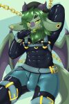  abs absurd_res anthro bedroom_eyes belt blep bulge chain clothing dragon ear_piercing gauged_ear green_body green_eyes green_hair green_tongue hair harness hi_res horn male membrane_(anatomy) membranous_wings narrowed_eyes nightmareroa null_(jackostar) piercing purple_body purple_horn rubber rubber_clothing rubber_suit seductive solo tongue tongue_out wings yellow_sclera 