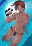  1girl abs absurdres blush commission harurukan highres holding looking_at_viewer male_swimwear male_swimwear_challenge muscular muscular_female navel original pixiv_commission ponytail pool pout red_eyes red_hair scar short_hair swim_goggles swimming underwater 
