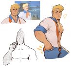  2boys ? absurdres ass_lift bara blonde_hair blue_pants blue_shirt closed_mouth collage dressing fred_jones highres i&#039;ve_never_seen_a_guy_recreate_this_successfully_tbh_(meme) large_pectorals male_focus male_underwear male_underwear_peek meme multiple_boys navel_hair necktie open_clothes open_pants open_shirt orange_male_underwear original pants pants_lift pectorals photo-referenced scooby-doo shirt short_hair simple_background smile two-tone_shirt undersized_clothes underwear undone_necktie white_shirt whyhelbram 