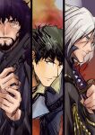  3boys absurdres beard black_eyes black_hair cowboy_bebop facial_hair gun highres holding holding_gun holding_sword holding_weapon multiple_boys necktie spike_spiegel sword tobalin vicious_(cowboy_bebop) vincent_volaju weapon 