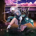  1girl adapted_costume black_bow black_bowtie black_gloves black_sleeves bow bowtie cherry_blossoms china_dress chinese_clothes dress fingerless_gloves gloves green_dress green_eyes holding holding_sword holding_weapon konpaku_youmu konpaku_youmu_(ghost) re_(re_09) shirt short_hair solo sword touhou tree weapon white_hair white_shirt 