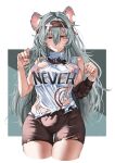  1girl absurdres animal_ear_fluff animal_ears bandaid bandaid_on_head black_shorts blush_stickers breasts closed_mouth cowboy_shot g11_(girls&#039;_frontline) girls&#039;_frontline green_eyes grey_hair hair_between_eyes highres kemonomimi_mode large_breasts long_hair mouse_ears nym official_alternate_costume shirt short_shorts shorts sleeveless sleeveless_shirt solo torn_clothes torn_shirt torn_shorts white_shirt 