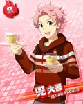  1boy ahoge blue_eyes card_(medium) character_name coat drink fingernails holding idolmaster idolmaster_side-m kabuto_daigo long_sleeves looking_at_viewer male_focus official_art pink_background smile solo teeth upper_teeth_only 