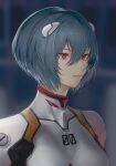  1girl ayanami_rei blue_hair blurry blurry_background bodysuit breasts close-up closed_mouth commentary depth_of_field expressionless highres interface_headset large_breasts lips looking_afar looking_to_the_side marumoru neon_genesis_evangelion pale_skin pilot_suit plugsuit portrait red_eyes short_hair skin_tight solo white_bodysuit 