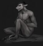  akrolayn ambiguous_species anthro bed_sheet bedding clenched_teeth digital_media_(artwork) digital_painting_(artwork) eyes_closed full-length_portrait grey_background greyscales hair hand_on_stomach hi_res jack_(akrolayn) male nude portrait sharp_teeth simple_background sitting solo tail teeth three-quarter_view 