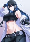  1girl bare_shoulders blue_archive breasts commentary_request cowboy_shot groin highres large_breasts looking_at_viewer makiri_akira midriff navel saori_(blue_archive) solo standing 