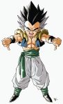  1boy baggy_pants black_eyes black_footwear black_hair bracelet character_request double_thumbs_down dragon_ball gotenks highres jewelry kakeru_(dbskakeru) open_mouth pants shoes simple_background solo spiked_hair teeth tongue tongue_out toriyama_akira_(style) upper_teeth_only white_background white_pants 