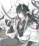  black_hair chain chinese_clothes dan_heng_(honkai:_star_rail) dan_heng_(imbibitor_lunae)_(honkai:_star_rail) dragon_horns expressionless flower giri_az green_eyes green_horns greyscale honkai:_star_rail honkai_(series) horns long_hair monochrome official_alternate_costume official_alternate_hairstyle pointy_ears red_eyeliner shirt sitting water white_shirt 