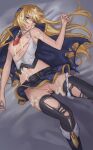  1girl after_sex armpits blazblue blonde_hair boots breasts cum cum_in_pussy green_eyes highres long_hair lying necktie nipples noel_vermillion on_back shimoda_gen skirt small_breasts solo thighhighs torn_clothes torn_thighhighs 