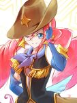  1girl blue_eyes brooch clear_glass_(mildmild1311) cowboy_hat cowboy_western earrings freckles gloves happinesscharge_precure! hat heart heart_brooch jewelry long_hair looking_at_viewer magical_girl one_eye_closed precure red_hair red_haired_cure_(bomber_girls_precure)_(happinesscharge_precure!) smile solo starry_background twintails upper_body vest white_background 