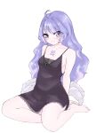  1girl amiya_aranha amiya_aranha_(artist) arm_behind_back arthropod_limbs barefoot black_nightgown blush breasts collarbone english_commentary extra_legs highres indie_virtual_youtuber long_hair looking_at_viewer nightgown purple_eyes simple_background sitting small_breasts smile solo very_long_hair virtual_youtuber white_background 