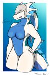  anthro aquatic_dragon areola armor blue_body blue_eyes blue_scales breasts dragon exposed_breasts female fin gills hand_on_hip headgear helmet hi_res horn marine nautilie neck_gills novah_ikaro pinup pose scales shell solo stripes tail thick_thighs tsundere white_body white_scales wingless_dragon 