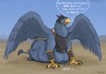  2021 anthro armor avian beak belly belly_squish blue_body blue_fur breastplate canid canine canis clothing dialogue feral feral_pred feral_prey fur gauntlets gloves group gryphon gryphon_pred gryphon_prey handwear headgear helmet hi_res jagg_(thatgryphonguy) larger_feral male mammal mythological_avian mythology ramz_(thatgryphonguy) size_difference spread_wings squish talons thatgryphonguy trio wings wolf 