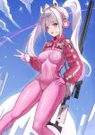  1girl :d absurdres alice_(nikke) animal_ear_headphones animal_ears bodysuit breasts covered_navel cropped_jacket djan fake_animal_ears feet_out_of_frame gloves goddess_of_victory:_nikke grey_hair gun hair_intakes hand_on_own_hip headphones headset highres impossible_bodysuit impossible_clothes jacket latex latex_bodysuit light_blush long_hair looking_at_viewer medium_breasts open_mouth outdoors pink_bodysuit pink_eyes pink_gloves pink_headphones puffy_sleeves red_jacket rifle sidelocks skin_tight sky smile sniper_rifle solo twintails two-tone_gloves v weapon weapon_behind_back white_gloves 