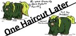  ambiguous_gender baby_talk blonde_hair carniviousduck dialogue english_text feral fluffy_pony fur green_body green_fur hair haircut simple_background solo text white_background 