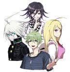  1girl 3boys :d ahoge akamatsu_kaede amami_rantaro antenna_hair backpack bag black_hair blonde_hair checkered_clothes checkered_scarf danganronpa_(series) danganronpa_v3:_killing_harmony earrings green_eyes grey_background haji_(hajimaji) hand_up jacket jewelry k1-b0 long_hair medium_hair multiple_boys necklace oma_kokichi pink_vest power_armor purple_hair ring scarf shirt simple_background smile spiked_hair striped striped_shirt teeth upper_teeth_only vest white_hair white_jacket 