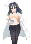  1girl :/ arm_behind_back black_hair black_pants breasts breasts_apart closed_mouth coat coat_on_shoulders commentary_request cup empty_eyes feet_out_of_frame green_eyes green_hair hair_between_eyes hair_ornament half-closed_eyes highres holding holding_cup illu_(illu_stratos) kako_(kemono_friends) kemono_friends lab_coat large_breasts long_hair multicolored_hair navel nipples no_bra open_clothes open_coat pants simple_background sleepy solo stomach two-tone_hair walking white_background white_coat 