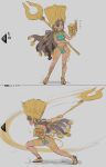  1girl aqua_eyes armlet ashurbanipal_(eiyuu_senki) atte_nanakusa barefoot_sandals book breasts brown_hair commentary_request concept_art dark-skinned_female dark_skin eiyuu_senki eiyuu_senki_ww full_body grey_background helmet holding holding_book holding_staff jewelry long_hair multiple_views official_art revealing_clothes sandals simple_background sketch small_breasts smile staff swinging thighlet 
