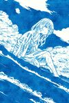 1girl barefoot beach blue_theme cloud day dutch_angle gokuto_jihen highres jaguchi88 long_hair looking_at_viewer maki_(gokuto_jihen) outdoors sitting solo wet wet_clothes wet_hair 