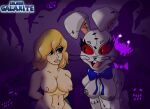  abs anthro areola big_breasts black_eyes blonde_hair blue_bow breasts buckteeth duo eyelashes female five_nights_at_freddy&#039;s fur galaxiagalaxite green_eyes grey_areola grey_body grey_fur grey_nipples hair hi_res human mammal navel nipples nude open_mouth pink_areola pink_nipples purple_background red_sclera scottgames seam_(sewing) simple_background stitch_(sewing) tan_body tan_skin teeth vanessa_(fnaf) vanny_(fnaf) whiskers wide_hips 