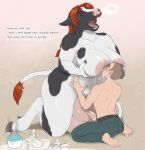  anthro areola belly belly_grab big_areola big_breasts big_teats big_udders bodily_fluids bovid bovine breast_grab breast_play breast_suck breastfeeding breasts breasts_and_teats cattle cleavage clothed clothing dewclaw_hooves duo english_text female hand_on_breast hi_res holstein_friesian_cattle hooves huge_breasts human interspecies kneeling lactating larger_female looking_pleasured male male/female mammal milk milking_request nipple_fetish nipple_play nipple_suck nipples open_mouth pig_(artist) size_difference slightly_chubby smaller_male sucking teats text thick_thighs udders wide_hips 