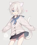  1girl ;d animal_ears artist_name black_sailor_collar black_skirt blue_eyes blue_neckerchief capriccio cardigan cat_ears cat_girl cat_tail clothes_lift commentary_request grey_background grey_cardigan grey_hair hair_between_eyes heart long_sleeves looking_at_viewer neckerchief one_eye_closed original pleated_skirt puffy_long_sleeves puffy_sleeves sailor_collar school_uniform serafuku shirt simple_background skirt skirt_lift sleeves_past_wrists smile solo spoken_heart tail white_shirt 