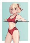  1girl :o absurdres bare_shoulders blonde_hair bob_cut border breasts buruma cleavage collarbone cowboy_shot hair_ribbon highres kurofuro large_breasts leaning_on_object looking_at_viewer lycoris_recoil navel nishikigi_chisato one_side_up open_mouth red_buruma red_eyes red_ribbon red_sports_bra ribbon short_hair solo sports_bra sportswear stomach sweat thighs white_border 