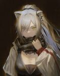  1girl absurdres animal_ears arknights black_background black_scarf cat_ears commentary_request grey_hair highres jacket long_hair looking_at_viewer one_eye_closed ponytail scarf schwarz_(arknights) solo subfiction upper_body very_long_hair white_jacket yellow_eyes 