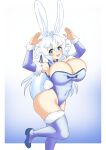  animal_humanoid big_breasts big_butt blue_eyes blush breasts butt cleavage clothed clothing female hair hi_res huge_breasts humanoid lagomorph lagomorph_humanoid leporid_humanoid looking_at_viewer mammal mammal_humanoid navel open_mouth puffywaffles rabbit_humanoid smile solo standing thick_thighs unknown_character white_hair wide_hips 