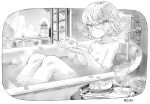  1girl bathing bathtub border breasts cloud curly_hair drinking_straw faucet food fruit glass greyscale hands_up indoors knees_up looking_at_viewer melon mogudan monochrome muntins nude one-punch_man open_window partially_submerged petals short_hair sitting small_breasts solo tatsumaki towel towel_rack tray white_border window 