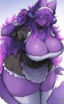  3_eyes absurd_res anthro big_breasts blush breasts canid canine canis cleavage clothed clothing collar demon female female_anthro fox fur hair hi_res horn jewelry kemono leggings legwear long_hair looking_at_viewer maid_uniform mammal multi_eye purple_body purple_fur purple_hair purple_horn rein_d&#039;ariette simple_background smile solo suurin_2 thick_thighs tuft uniform white_clothing white_legwear 