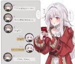  ... :d brown_sweater cellphone clara_(honkai:_star_rail) commentary_request grey_hair hair_between_eyes hair_intakes highres holding holding_phone honkai:_star_rail honkai_(series) jacket long_hair long_sleeves notice_lines nyakonro_(nekonro) phone red_eyes red_jacket simple_background smile spoken_ellipsis stelle_(honkai:_star_rail) sweater text_messaging trailblazer_(honkai:_star_rail) translation_request very_long_hair white_background wide_sleeves 