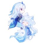  1boy 1girl animal_ears blue_bow blue_coat blue_horns blue_tail bow cat_ears cat_tail chibi coat dragon_tail full_body furina_(genshin_impact) genshin_impact highres horns long_hair neuvillette_(genshin_impact) simple_background tail tuantuanhaoe very_long_hair white_background white_hair 