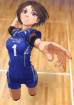  1girl arm_up blue_shorts breasts brown_eyes elbow_sleeve foreshortening highres indoors jumping original otsu_natsu short_hair short_sleeves shorts small_breasts solo sportswear sweat volleyball_uniform wooden_floor 