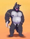  2022 animated anthro armband balls belly biceps blue_eyes boofdrake_(artist) bracelet canid canine canis clothing genitals hand_on_hip helicopter_motion holding_clothing holding_object holding_underwear humor jewelry looking_at_viewer male mammal manly mature_male musclegut muscular nude orange_background pecs penis simple_background slightly_chubby smile solo standing tongue tongue_out triceps underwear vein veiny_penis wolf 