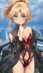  1girl blonde_hair blush breasts cowboy_shot fate/grand_order fate_(series) green_eyes hair_ornament hair_scrunchie highres lingerie long_hair looking_at_viewer mordred_(fate) navel ponytail scrunchie solo tonee underwear 
