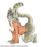  4_toes 5_fingers all_fours anthro blue_eyes breasts chaotikat claws clothed clothing feet felid feline female fingers fur grey_hair grey_inner_ear_fluff hair hi_res inner_ear_fluff mammal nipples pink_nipples pink_nose solo sweater tail tan_body tan_fur text toes topwear tuft url 
