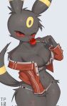  anthro black_body black_fur breasts candy cleavage clothed clothing dessert eeveelution female food fur generation_2_pokemon hi_res jacket lollipop looking_at_viewer nintendo pokemon pokemon_(species) solo tongue tongue_out topwear tp10 umbreon 