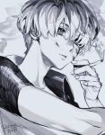  1boy blood blood_on_face blood_splatter cigarette collarbone earrings highres holding holding_cigarette jewelry kayano_mikoto kohianji looking_to_the_side male_focus messy_hair milgram monochrome shirt short_hair signature sitting smoke smoking solo 