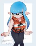  aqua_hair black_leggings blue_eyes blue_tongue blunt_bangs blush breasts colored_tongue doro_mizu_831 highres inkling inkling_girl large_breasts leggings life_vest long_hair open_mouth pointy_ears sitting splatoon_(series) tentacle_hair tentacles translation_request 