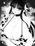  1girl animal_ears animal_print bikini blunt_bangs blush breasts cleavage cow_ears cow_print cowboy_shot greyscale haseru_(ginku_mh) heart huge_breasts long_hair looking_at_viewer monochrome open_mouth original sidelocks solo sweat swimsuit 