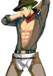  1boy abs alternate_costume arms_behind_head bare_pectorals belt belt_buckle black_belt black_gloves brown_shirt buckle chaps closed_eyes cowboy cowboy_hat earrings fulenimenle gloves green_hair half_gloves hat highres jewelry looking_down male_focus muscular neckerchief one_piece open_clothes open_shirt pants pectorals roronoa_zoro scar scar_across_eye shirt shirt_tucked_in short_hair sleeves_rolled_up solo white_background white_pants 