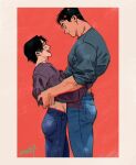  2boys artist_name bara black_hair blue_pants blush brown_shirt closed_eyes closed_mouth couple grey_shirt kashikahaya looking_at_another male_focus multiple_boys muscular muscular_male open_mouth original pants shirt short_hair smile yaoi 