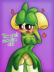  &lt;3 black_sclera blush blush_lines breasts cleavage clothed clothing dialogue dolliv dress elemental_creature eyelashes female flora_fauna generation_9_pokemon genitals green_body green_clothing green_dress hand_on_face hi_res legwear navel_outline nintendo octo_toaster open_mouth plant pokemon pokemon_(species) purple_background pussy simple_background solo text thick_thighs thigh_highs white_eyes wide_hips 